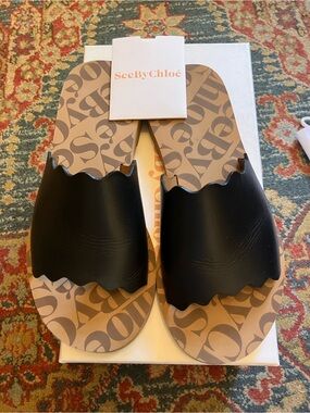 SEE BY CHLOE Essie Scalloped Leather Slide Sandals, Black, Size 8, Retail $235